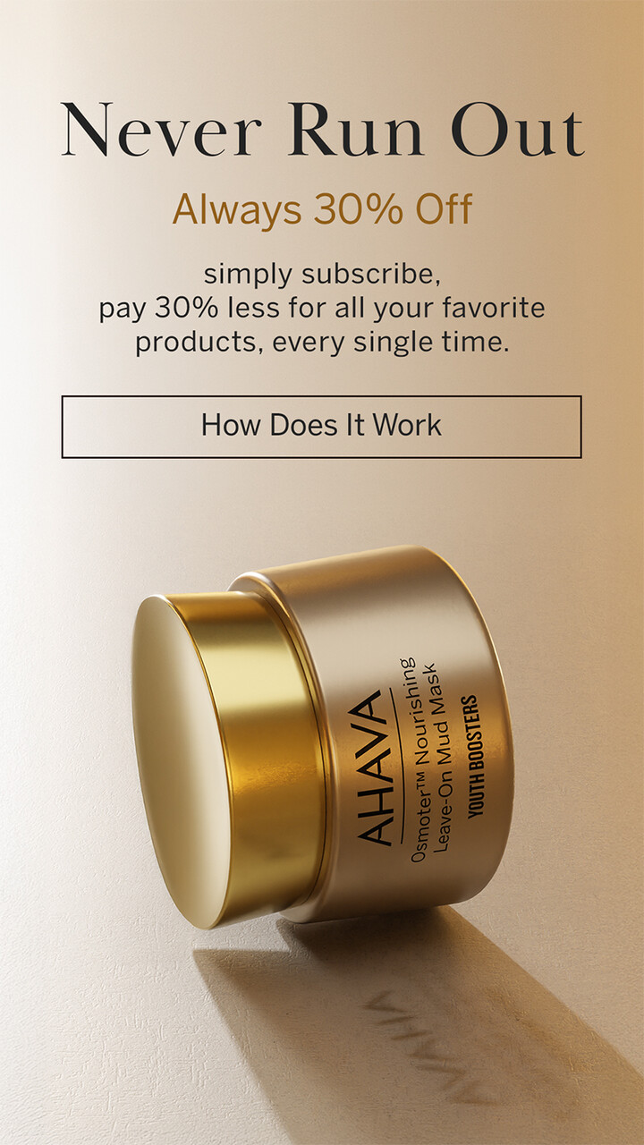 AHAVA Osmoter Nourishing Leave-On Mud Mask in gold jar, advertised with 30% off subscription offer