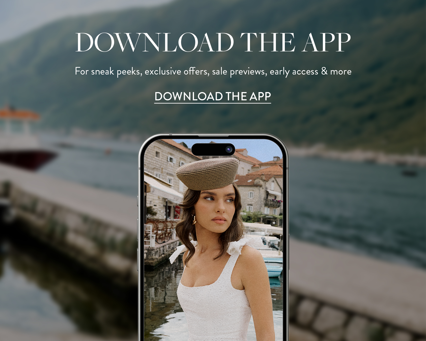 Fashion app download promotional banner showing a smartphone with a woman in a white dress and hat near a waterfront.