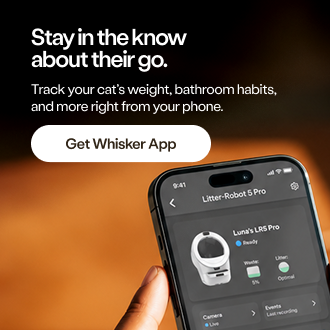 A hand holding a smartphone displaying the Litter-Robot 5 Pro app interface, with promotional text for the Whisker App.