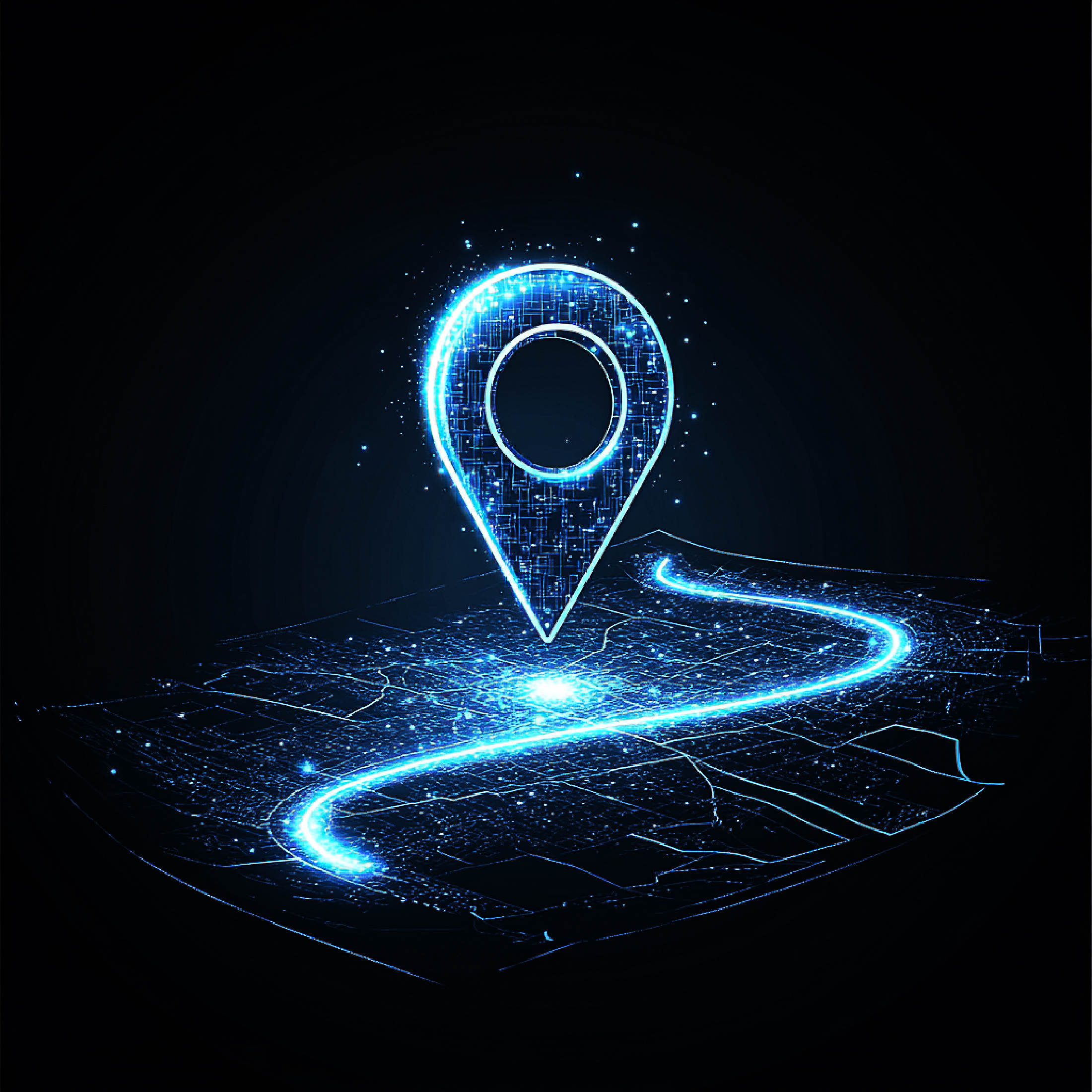 ```html
<img src="image.jpg" alt="Digital illustration of a glowing map with a location pin symbol on a dark background." />
```
