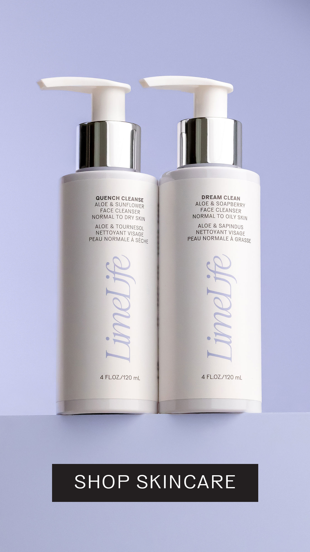 Two LimeLife face cleanser pump bottles: Quench Cleanse for dry skin and Dream Clean for oily skin, 4 fl oz each.