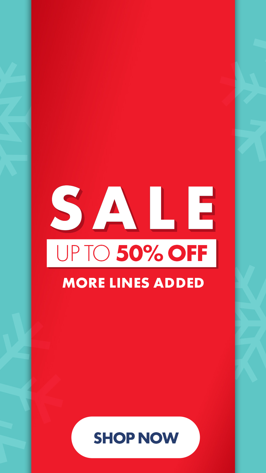 ```html
<img src="image.jpg" alt="Red and teal sale banner with text: 'SALE UP TO 50% OFF, More lines added' and a 'Shop Now' button" />
```