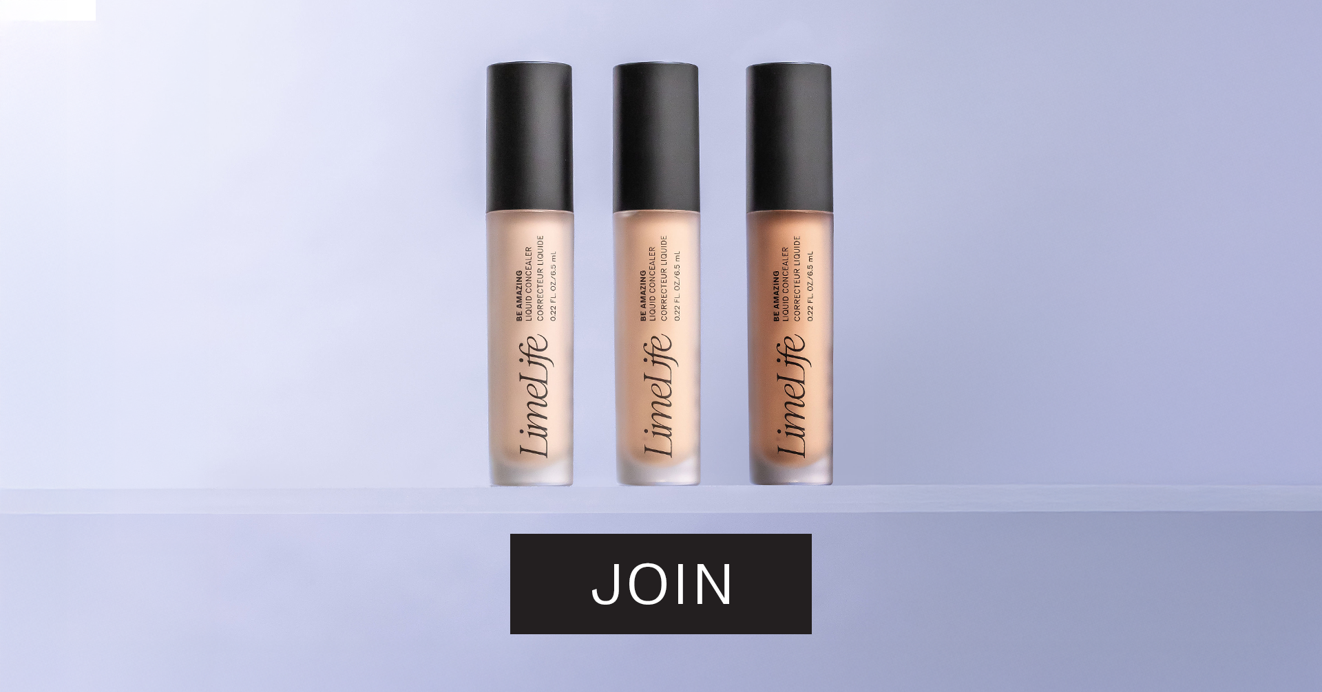 Three LimeLife Be Amazing Liquid Concealer bottles in varying shades on a light blue background with a "JOIN" button below.