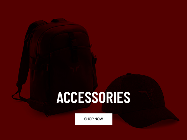 Image of a backpack and a cap with a stylized logo, displayed on a dark red background with the word "ACCESSORIES" and a "SHOP NOW" button.
