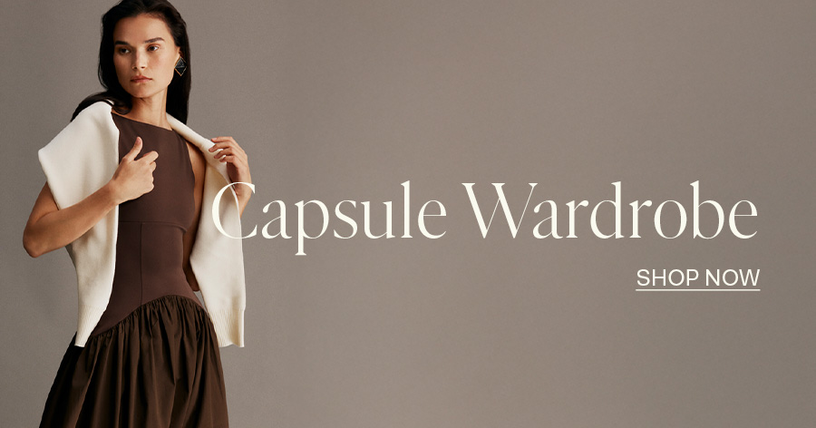 ```html
<img src="image.jpg" alt="Model in a brown dress with a white wrap, text reading 'Capsule Wardrobe' and 'Shop Now' on a neutral background." />
```