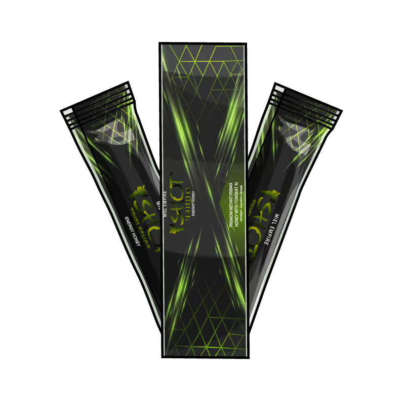 ```html
<img src="image.png" alt="Energy honey product packaging with black and green design, featuring geometric patterns and text." />
```