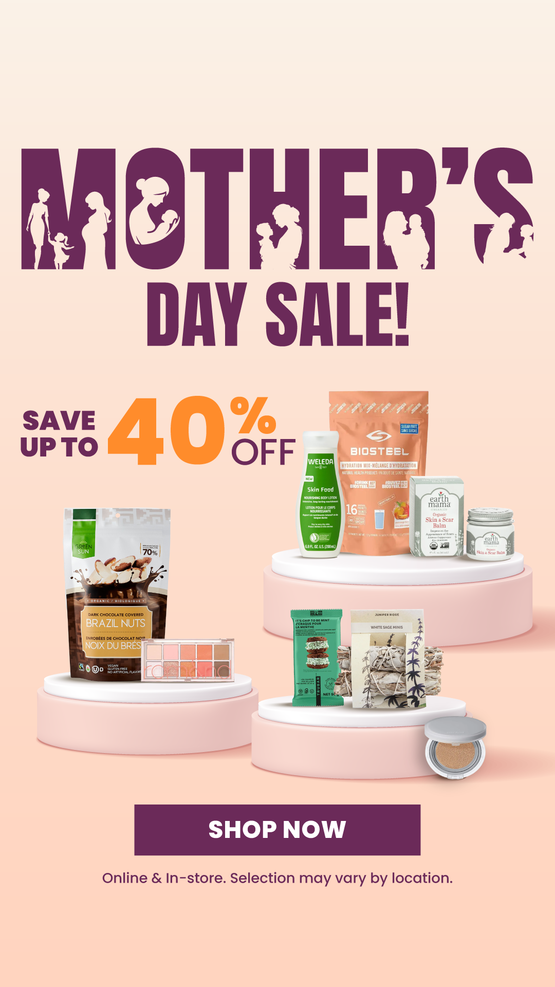 Mother's Day Sale promotional banner featuring up to 40% off, with beauty, wellness, and food products displayed on pink pedestals