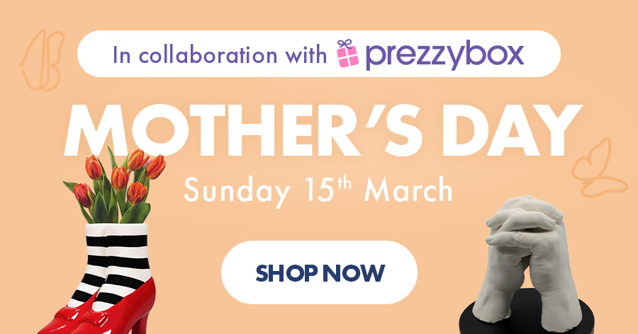```html
<img src="image.jpg" alt="Mother's Day promotion in collaboration with Prezzybox. Features red boots with tulips and a sculpture of clasped hands. Date: Sunday 15th March. Shop Now button included." />
```