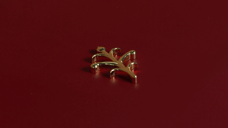```html
<img src="image.gif" alt="Gold leaf-shaped pin rotating on a red surface.">
```
