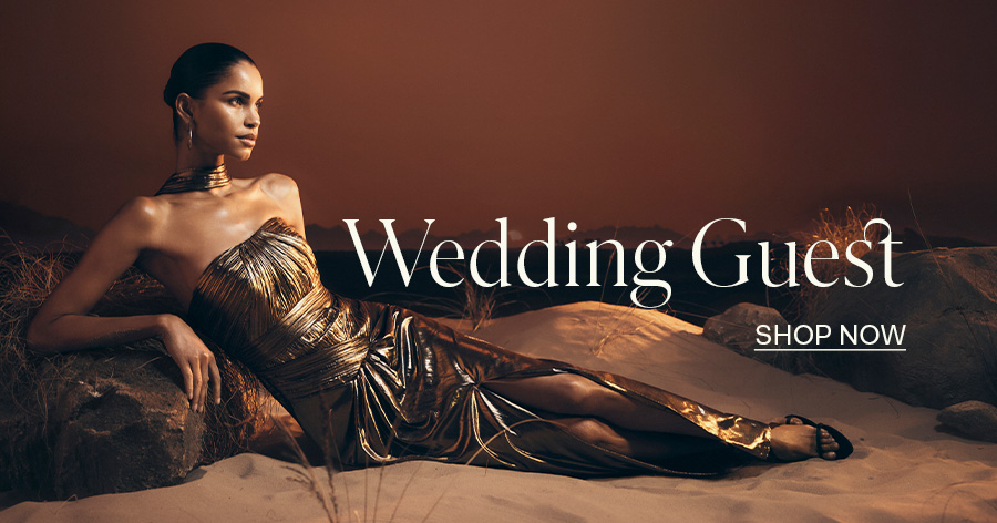 ```html
<img src="image.jpg" alt="A person in a metallic gown reclining on sand with the text 'Wedding Guest' and 'Shop Now'." />
```