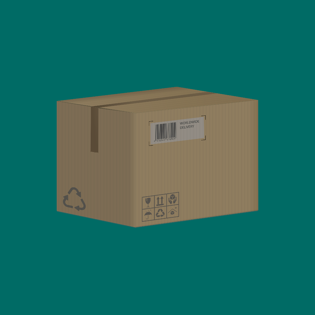 Cardboard shipping box with barcode label reading "Worldwide Delivery," handling symbols, and recycling icons on teal background.