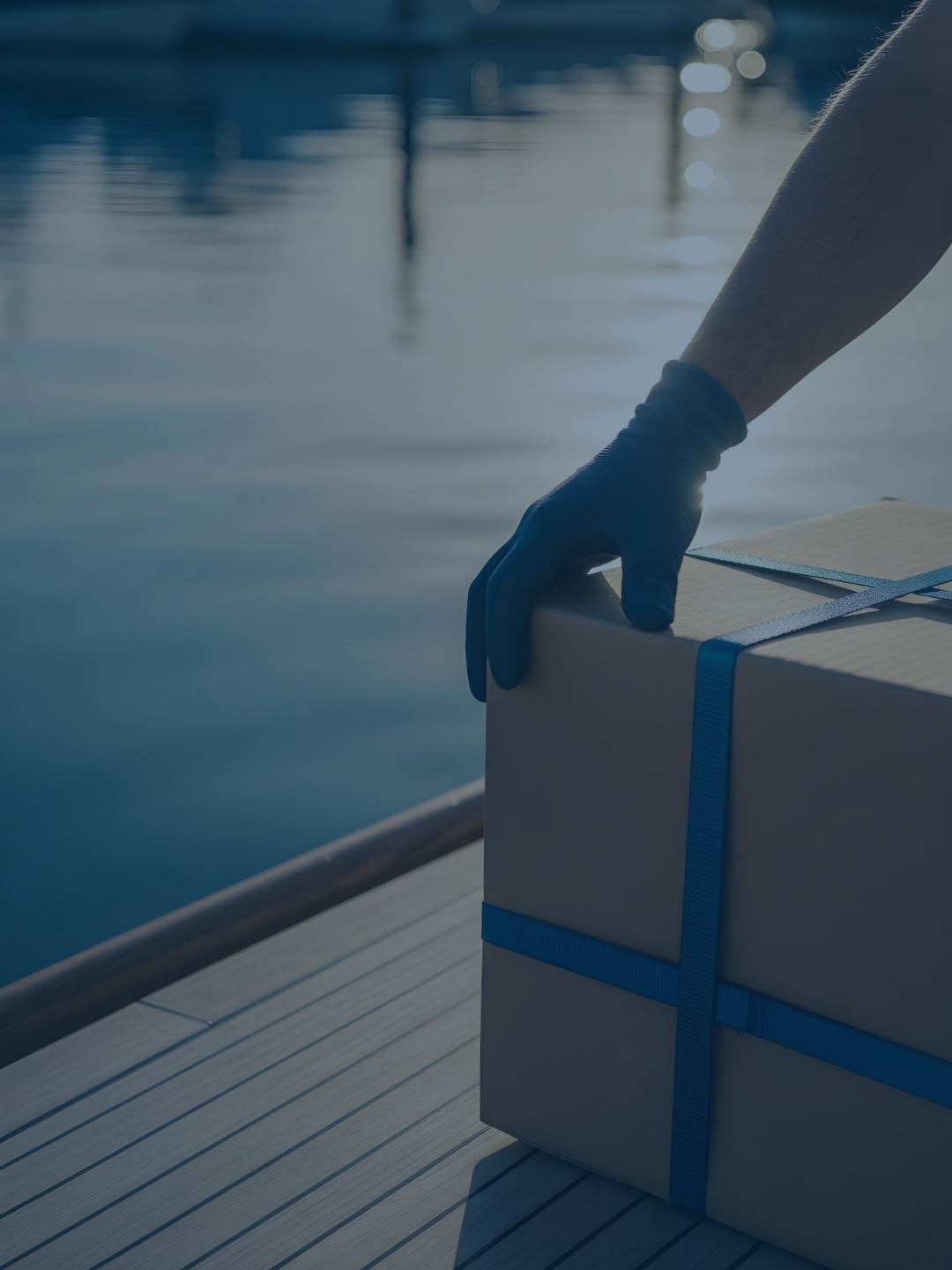A person wearing a dark glove places a cardboard box with blue straps on a wooden deck near a body of water, with reflections visible on the water's surface.