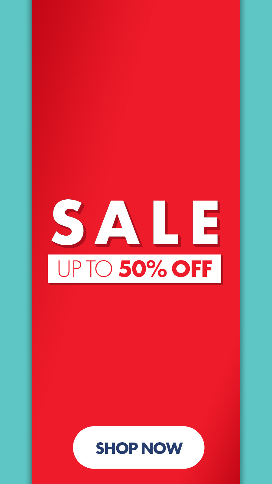 Red sale banner with bold white text reading "SALE Up to 50% OFF" and a "Shop Now" button on teal background.