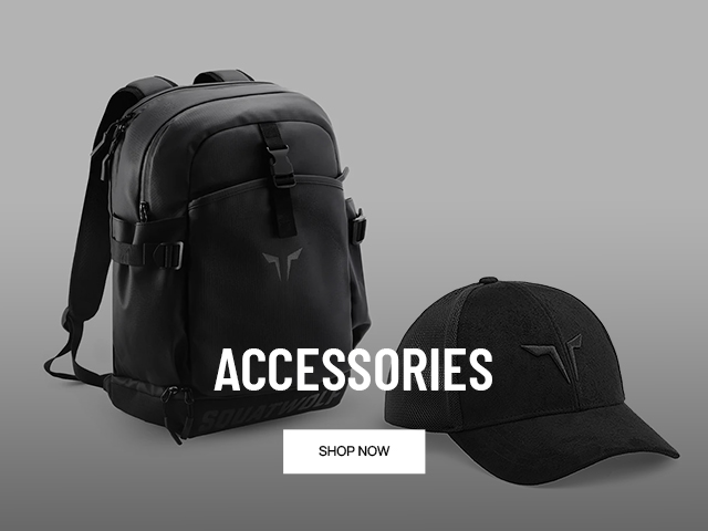 Black backpack and cap with logo on a gray background, featuring "ACCESSORIES" text and a "SHOP NOW" button below.