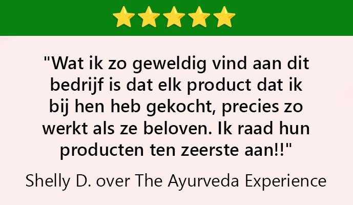 ```html
<img src="image.png" alt="Five-star review in Dutch praising The Ayurveda Experience. Reviewer Shelly D. recommends the products highly." />
```