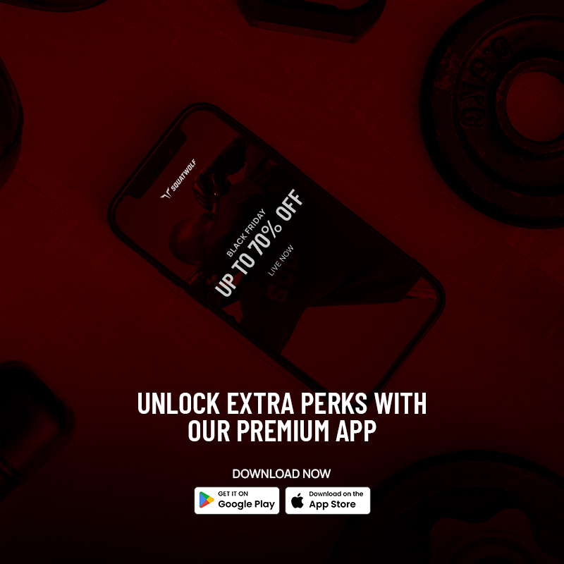 Smartphone displaying "Black Friday Up to 70% Off" offer, surrounded by gym weights. Text: "Unlock extra perks with our premium app. Download now on Google Play and App Store."