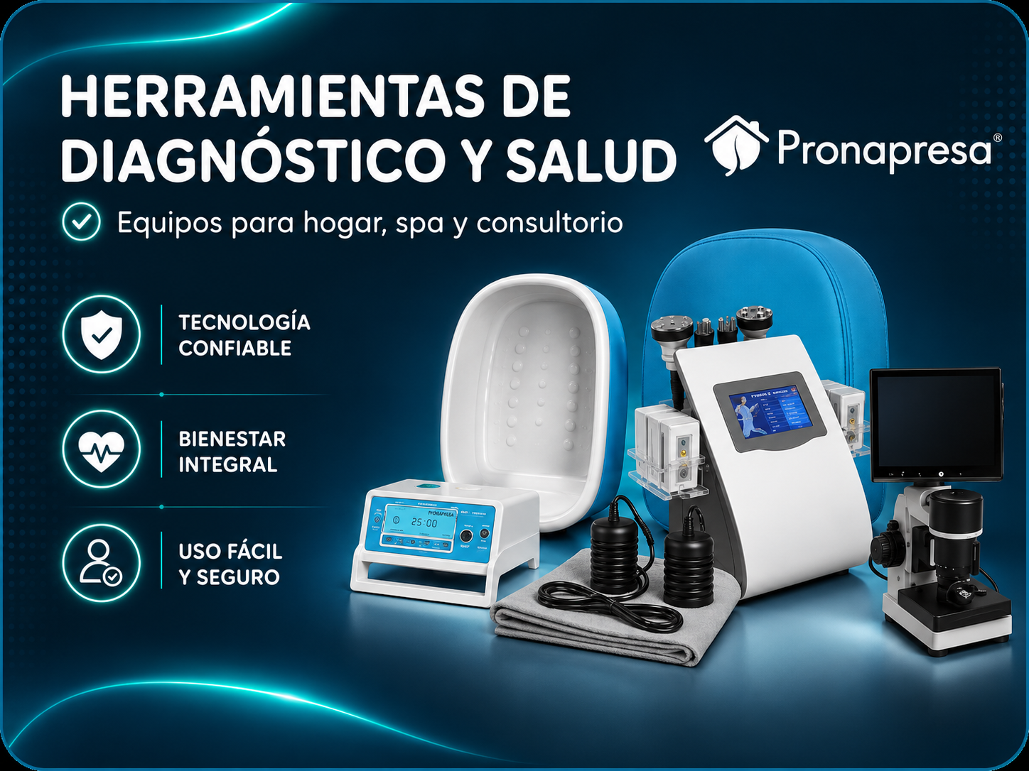 Pronapresa health and diagnostic equipment advertisement showing spa, home, and clinic devices with Spanish text on dark blue background.