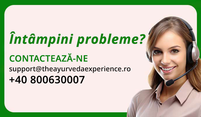 Image of a customer service advertisement featuring contact information for support, with a headset-wearing individual on the right and text in Romanian.