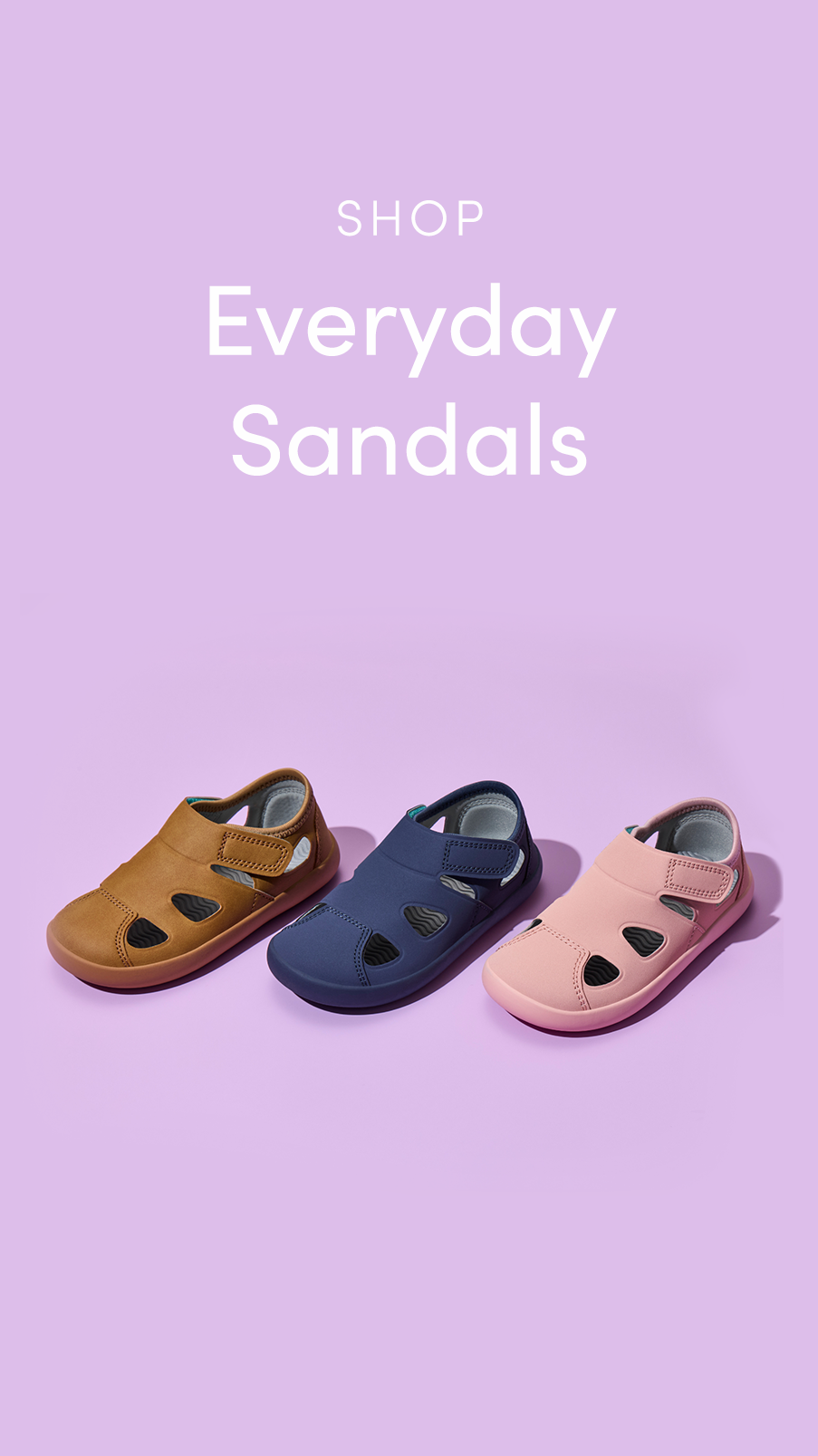 ```html
<img src="image.jpg" alt="Three toddler sandals in brown, blue, and pink on a purple background with text 'Shop Everyday Sandals' above." />
```