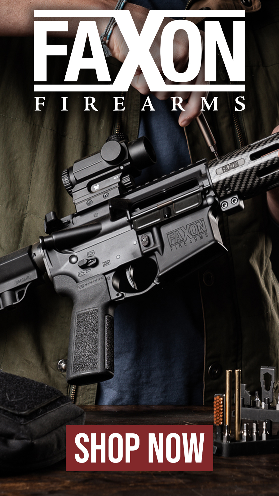 ```html
<img src="image.jpg" alt="Person holding a Faxon Firearms rifle with a scope, logo and Shop Now text overlayed."/>
```