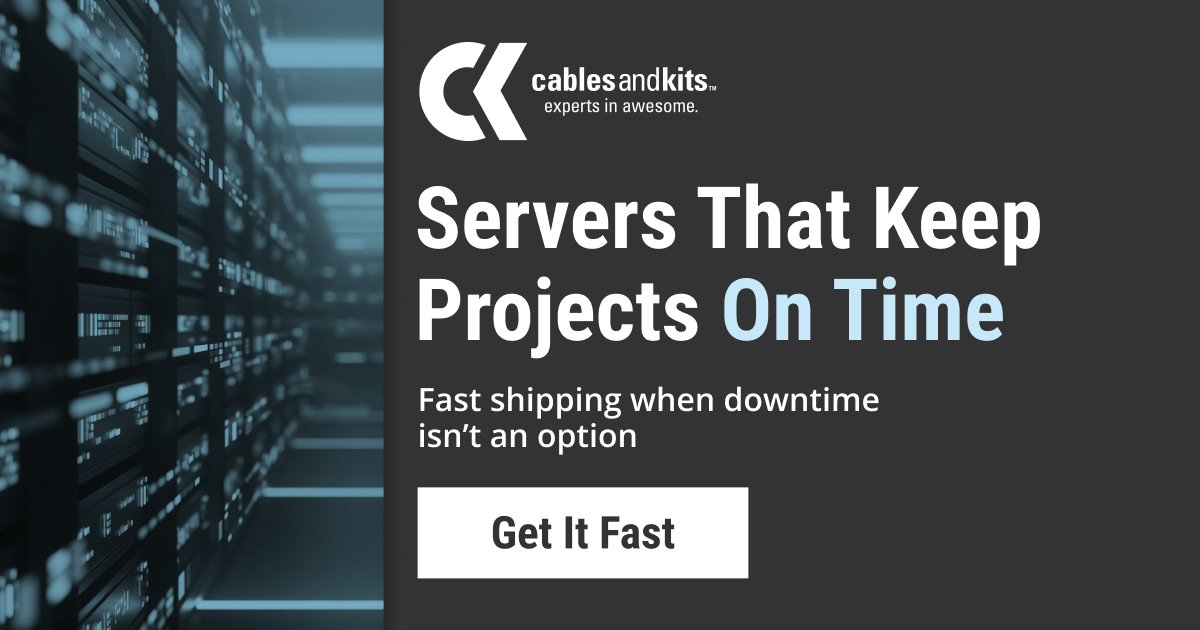 CablesAndKits advertisement featuring server racks with text "Servers That Keep Projects On Time" and a "Get It Fast" button