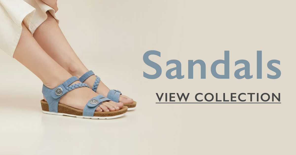 ```html
<img src="image.jpg" alt="Person wearing blue sandals with braided straps and decorative buttons, text reads 'Sandals View Collection'.">
```