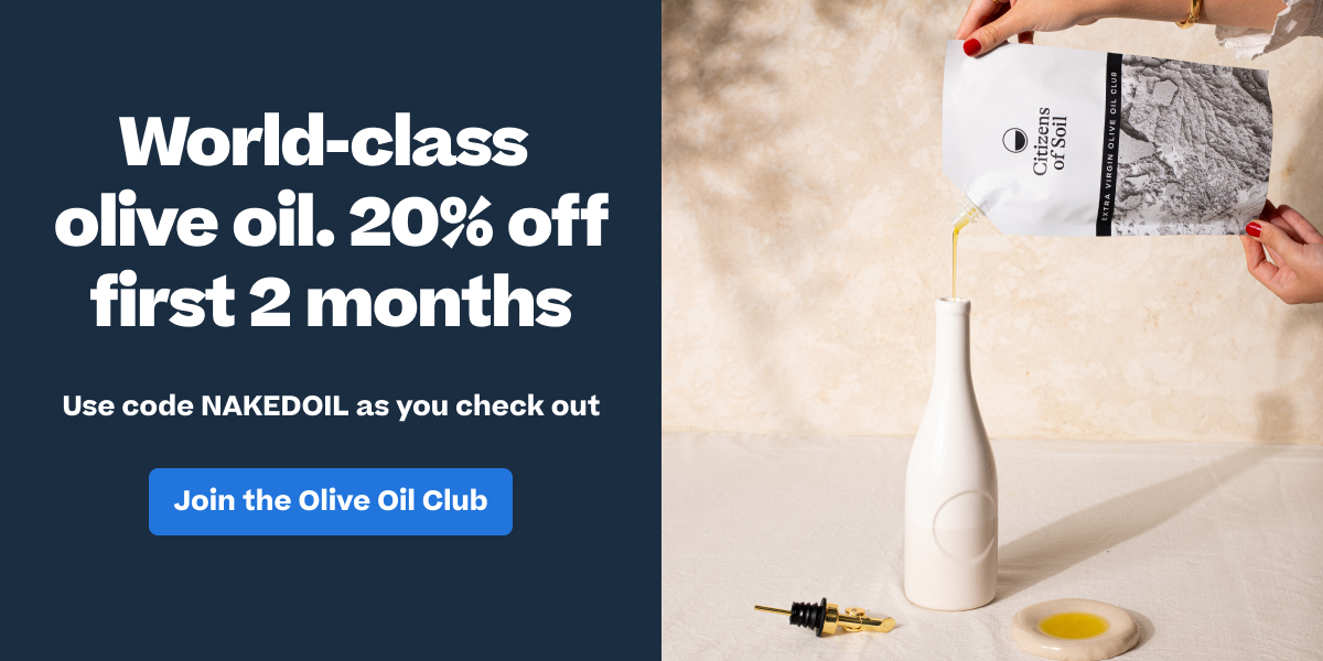 Citizens of Soil olive oil being poured from a branded pouch into a white ceramic bottle, with a 20% off promotional offer displayed.