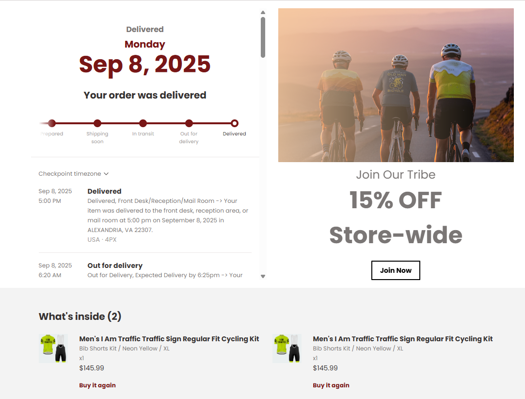 Alt text: "Order delivery confirmation for cycling kit on September 8, 2025, with a promo offer of 15% off store-wide next to an image of three cyclists riding on a road."