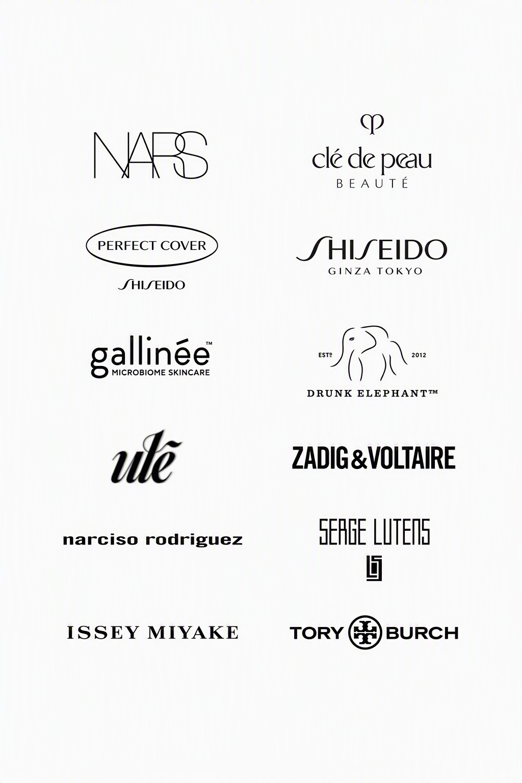 Collection of luxury and beauty brand logos including NARS, Clé de Peau Beauté, Shiseido, Drunk Elephant, Zadig & Voltaire, and Tory Burch