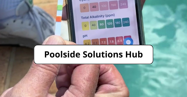 A person holds a smartphone displaying pool chemical levels next to a pool, focusing on pH and alkalinity readings.