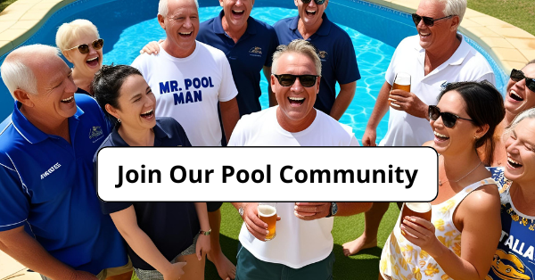 A group of people standing around a pool holding drinks, with a sign saying "Join Our Pool Community" in the foreground.