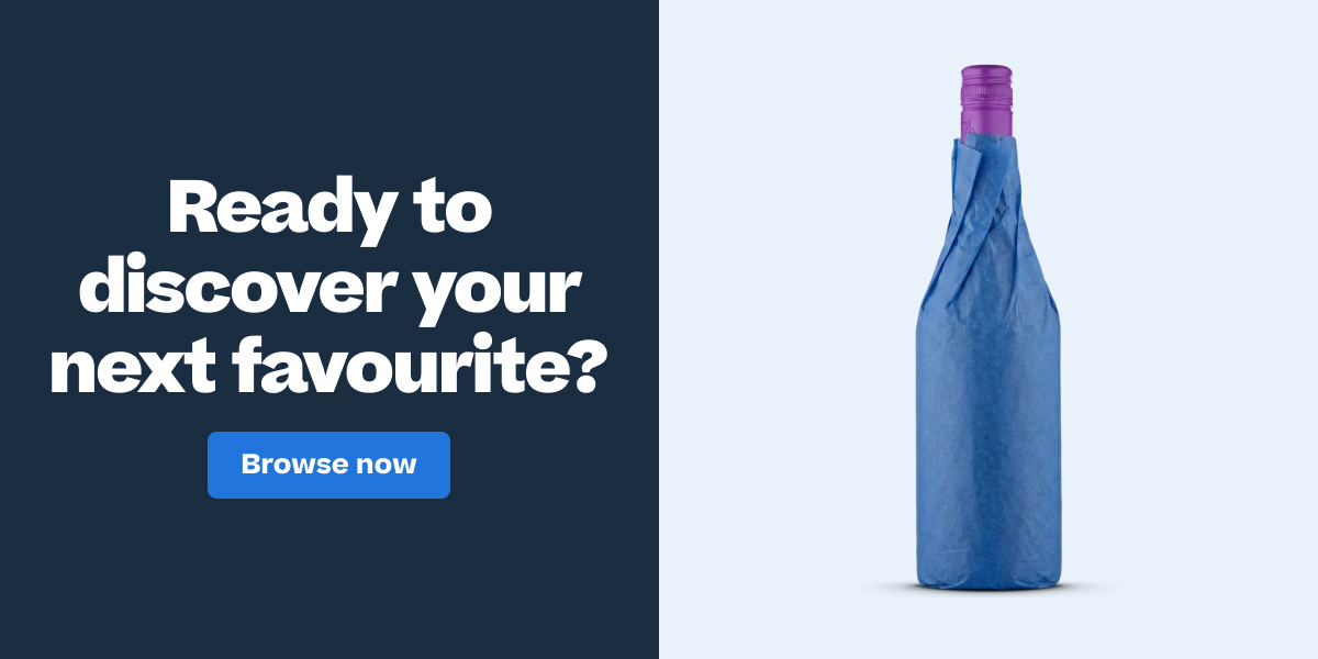 Wine bottle wrapped in blue paper next to "Ready to discover your next favourite? Browse now" ad text