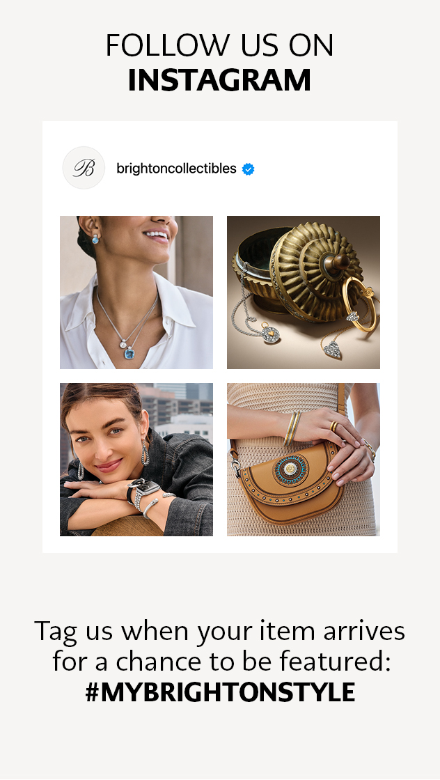 Collage featuring Brighton Collectibles jewelry and accessories, including necklaces, a bracelet, and a tan handbag with decorative embellishments.