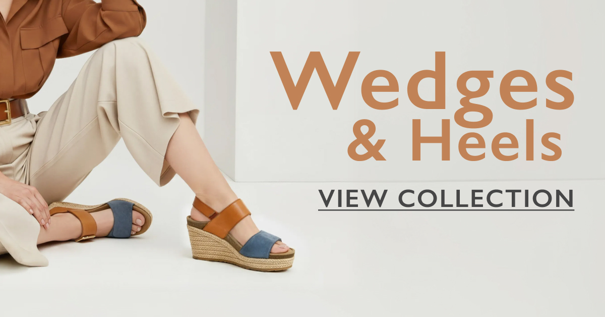 ```html
<img src="image.jpg" alt="Woman wearing beige pants and brown top, showcasing blue and brown wedge sandals. Text reads 'Wedges & Heels, View Collection'.">
```