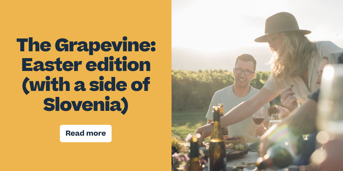 Alt text: "Group of friends enjoying outdoor wine tasting at vineyard during golden hour with bottles and glasses on table"