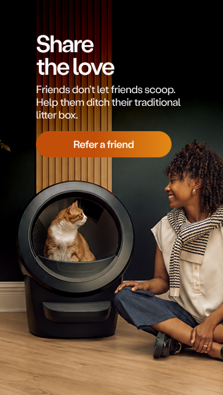 Smiling woman sitting beside a Litter-Robot automatic self-cleaning litter box with an orange cat inside, referral program advertisement.