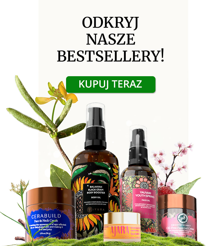 Image of various skincare products with botanical elements. The text in Polish reads "ODKRYJ NASZE BESTSELLERY!" and "KUPUJ TERAZ," meaning "Discover Our Bestsellers!" and "Shop Now."