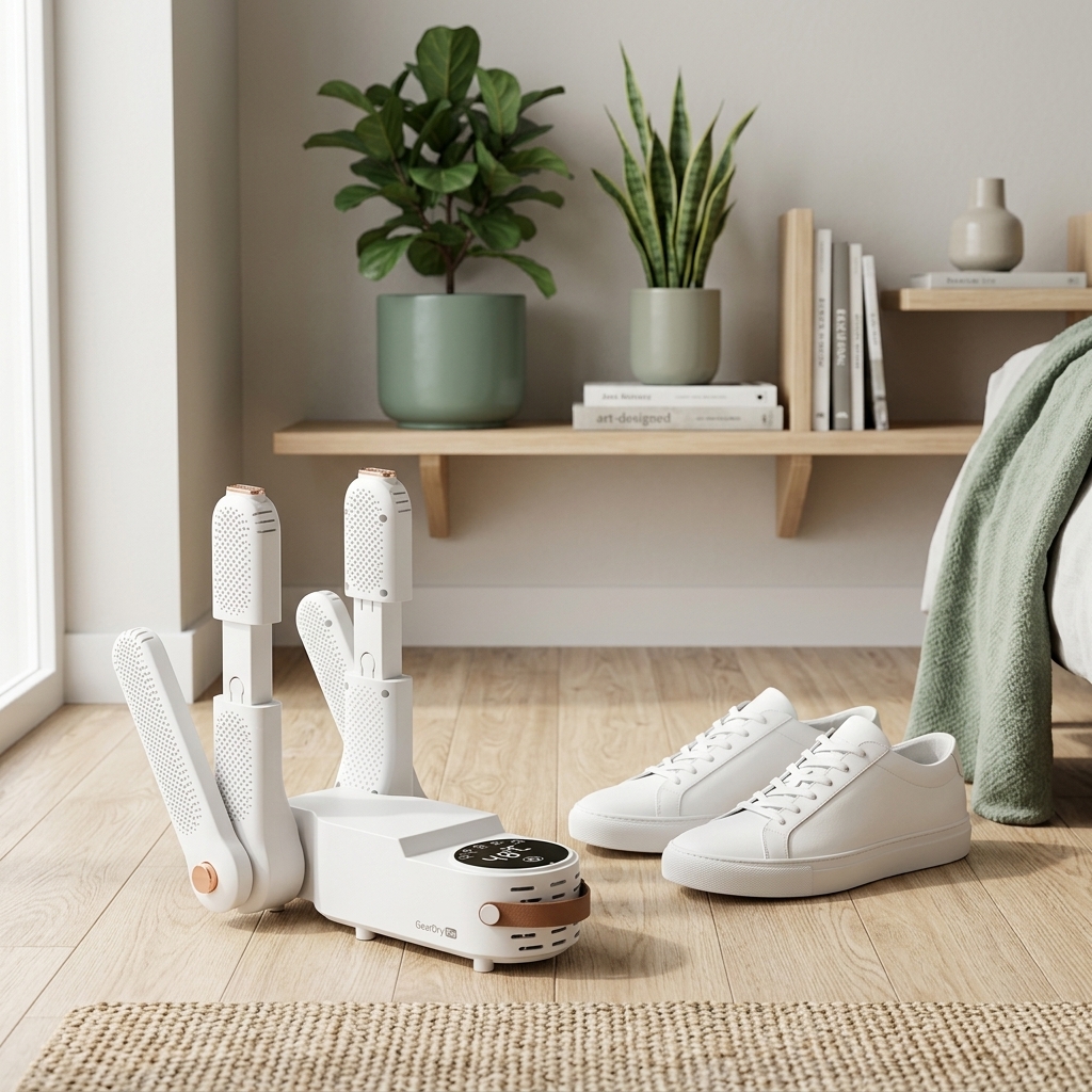 White electric shoe dryer with extendable arms next to a pair of white sneakers on a wooden floor in a modern room
