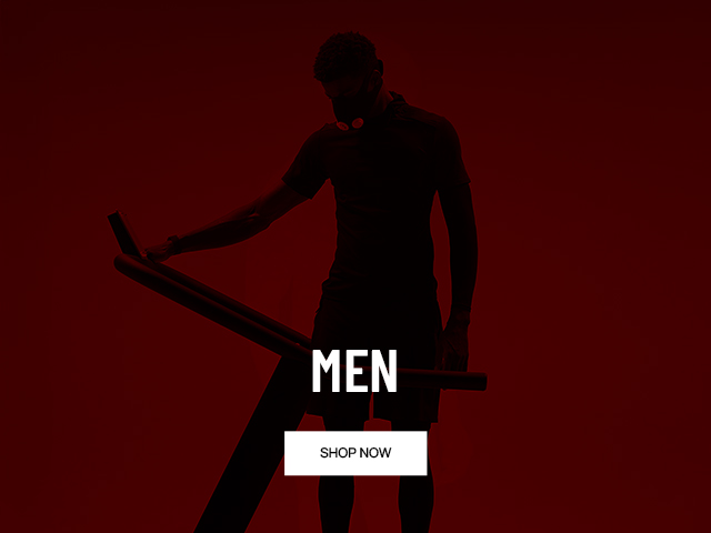 Silhouette of a man in athletic wear using a treadmill against a red background, with the text "MEN" and a "SHOP NOW" button overlayed.
