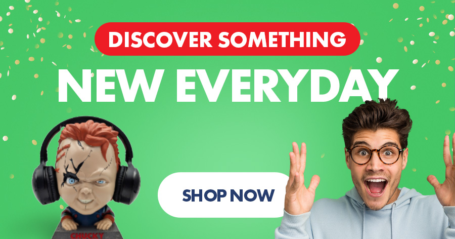 Promotional banner with "Discover Something New Everyday" text, a Chucky doll with headphones, and an excited man with glasses on green background.