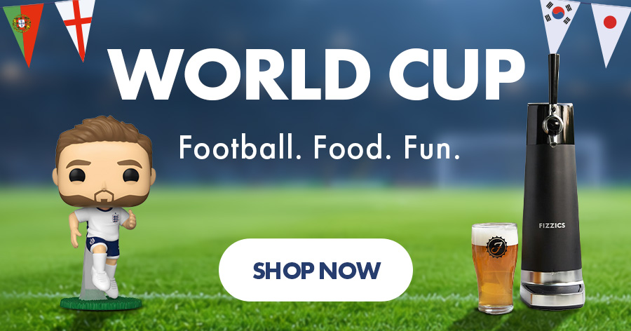 World Cup promotional banner with a football Funko Pop figure, Fizzics beer dispenser, and international flag bunting