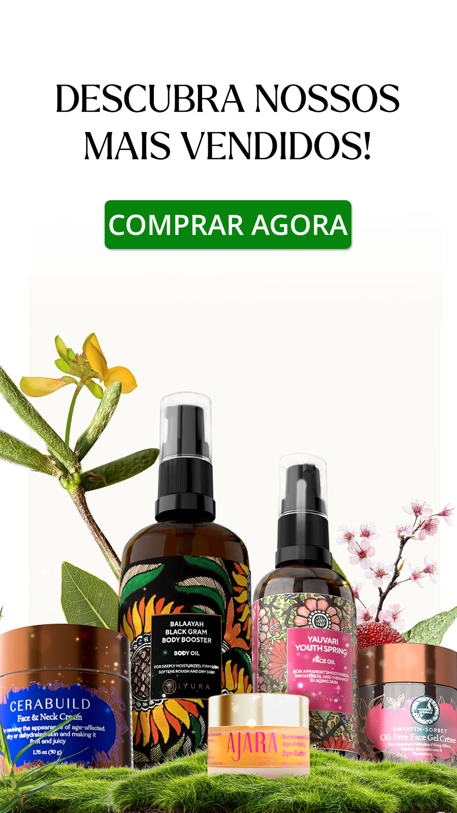 Promotional banner in Portuguese showing five bestselling skincare products including body oil, face oil, eye butter, and face creams arranged on green moss with floral decorations.
