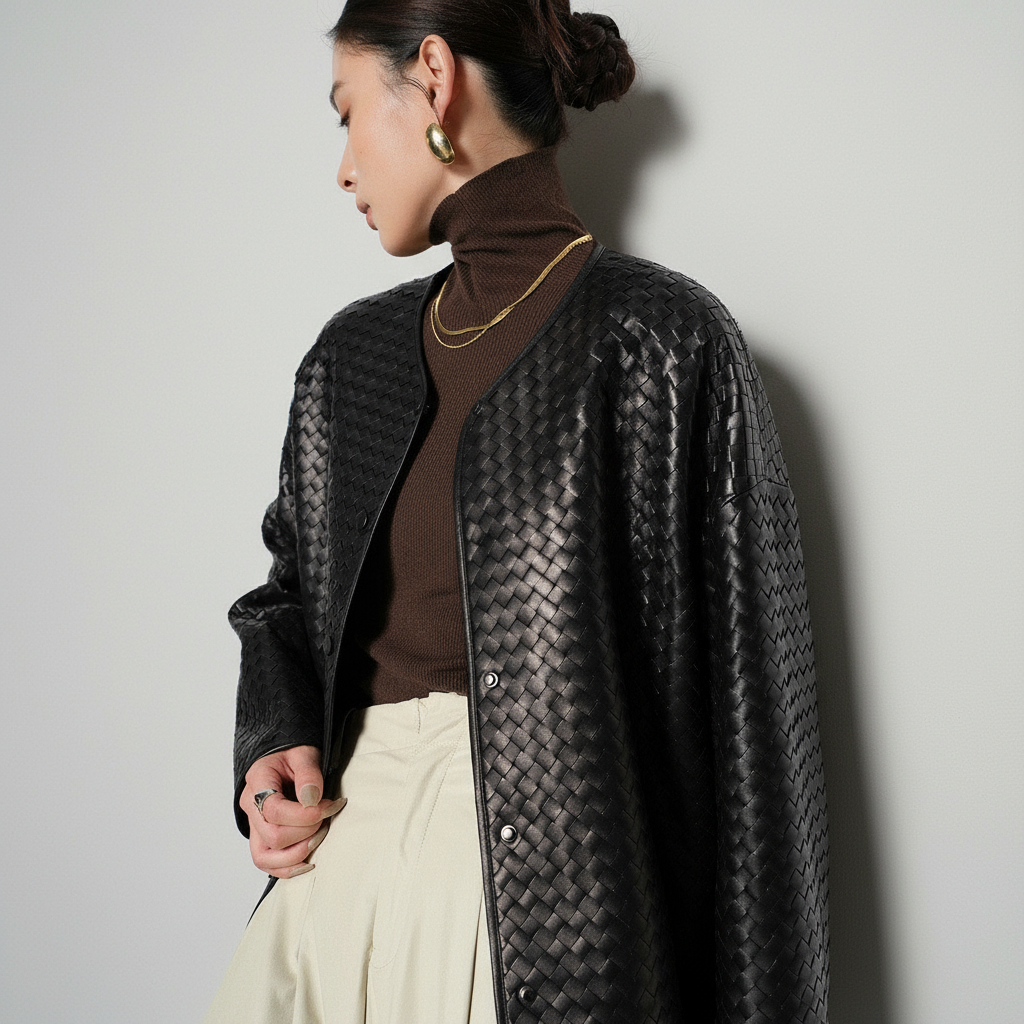 Woman wearing a black woven leather jacket, brown turtleneck, cream skirt, gold necklace, and hoop earrings.