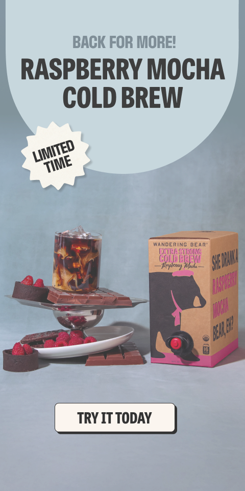 ```html
<img src="image.jpg" alt="Advertisement for Raspberry Mocha Cold Brew. Text reads 'Back for More! Raspberry Mocha Cold Brew, Limited Time.' Features a glass of cold brew coffee, raspberries, chocolate, and a box of Wandering Bear coffee. Button says 'Try It Today.'">
```