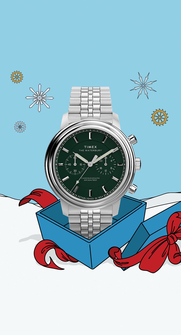 Illustration of a Timex Waterbury chronograph watch with a green face and stainless steel strap, displayed in an open blue gift box with a red ribbon. Gears and snowflakes decorate the blue background.