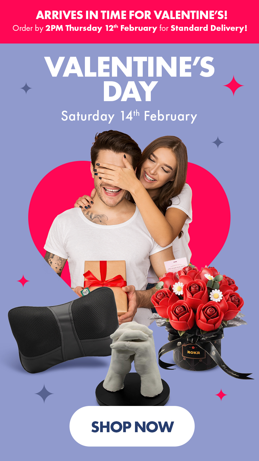 ```html
<img src="image.jpg" alt="Valentine's Day promotion with a couple holding a gift, surrounded by a heart-shaped backdrop, flowers, a massage pillow, and a sculpture of clasped hands. Text highlights delivery details and a 'Shop Now' button." />
```