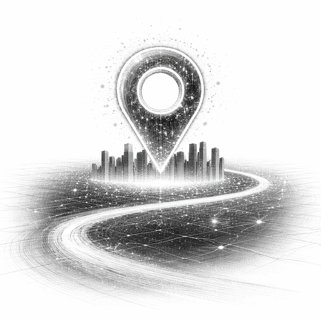 Monochrome digital illustration of a glowing GPS location pin above a city skyline with a winding road and network nodes