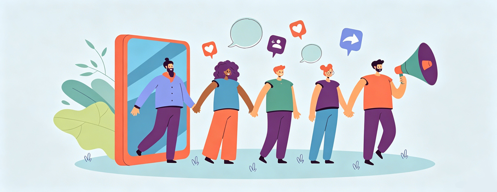 Four diverse cartoon people holding hands, emerging from a smartphone screen with social media icons like hearts, chat bubbles, and share buttons above them, while one person holds a megaphone.