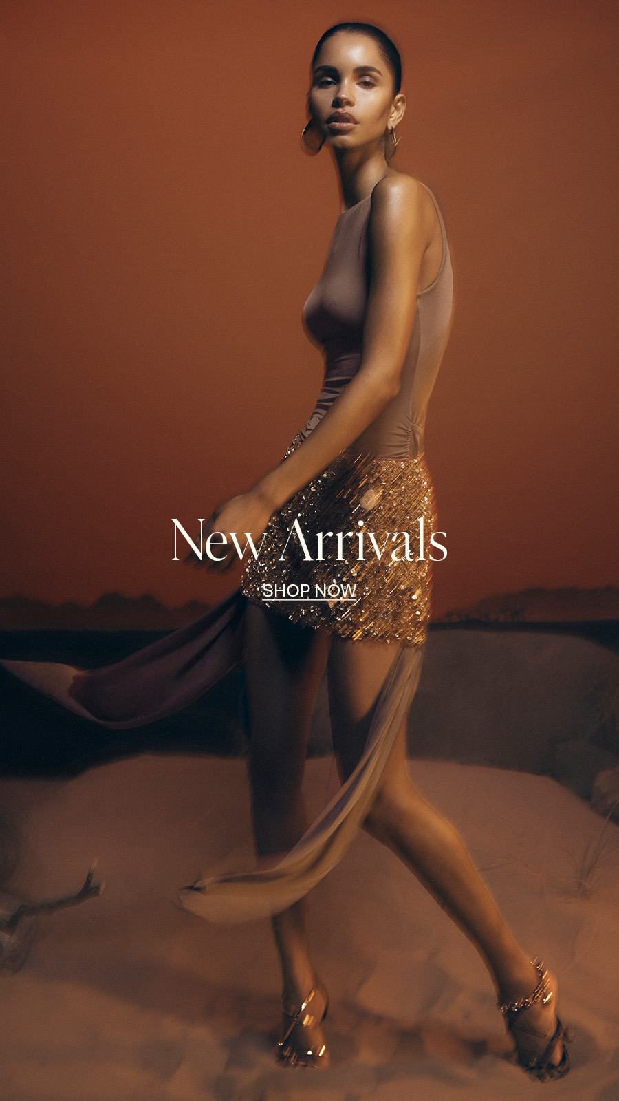 ```html
<img src="image.jpg" alt="Person in a sleeveless dress with sequined skirt and flowing fabric, wearing high heels, against a warm-toned background. Text reads 'New Arrivals Shop Now'.">
```