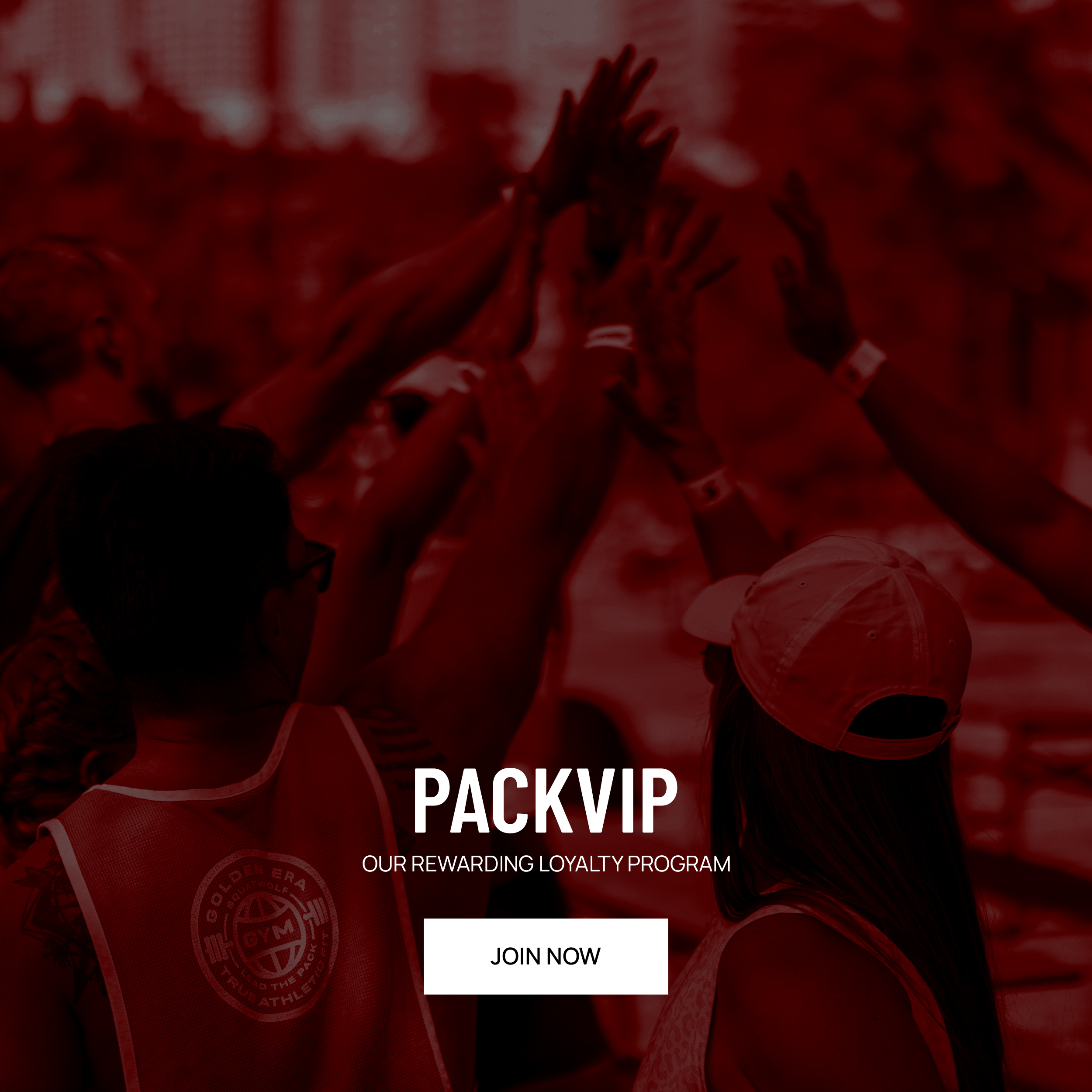 A group of people raising their hands in celebration, with the text "PACKVIP: Our Rewarding Loyalty Program" and a "Join Now" button overlayed.